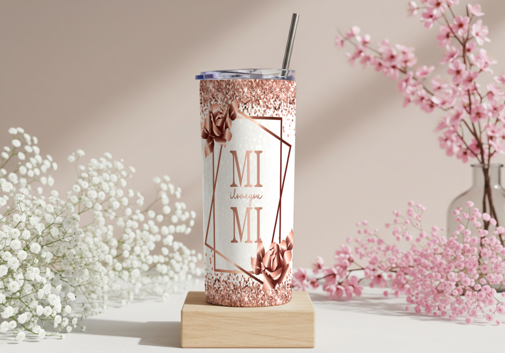 Rose gold glitter tumbler with "MIMI I love you" text and floral design, featuring a geometric frame, rose gold roses, and a stainless steel straw on a white cream background.