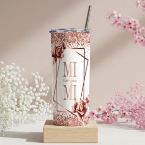 Rose gold glitter tumbler with "MIMI I love you" text and floral design, featuring a geometric frame, rose gold roses, and a stainless steel straw on a white cream background.