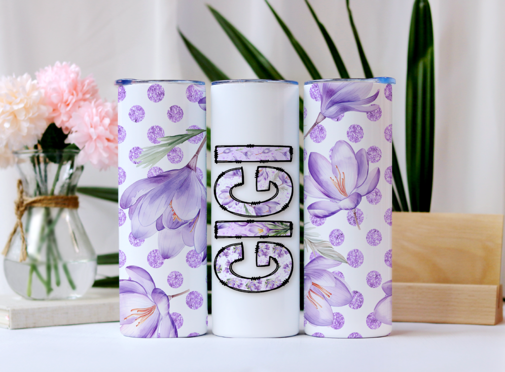 Three-panel view of a white skinny tumbler with "GIGI" lettering filled with purple floral print, surrounded by watercolor crocus flowers and purple glitter polka dots on a white background.