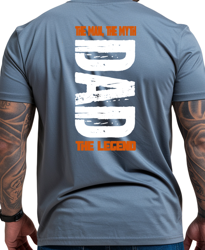 Men's Father's Day T-Shirt Back View – "Dad: The Man, The Myth, The Legend" Graphic Tee in Steel Blue with Orange and White Bold Print