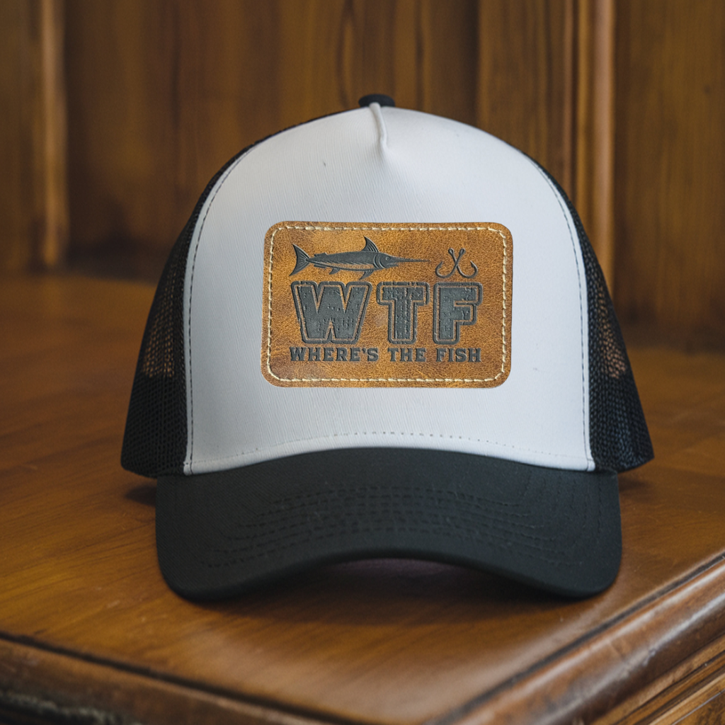 White and black mesh snapback trucker hat with cognac stadium leather patch laser engraved with WTF Where's the Fish marlin and fishing hook design
