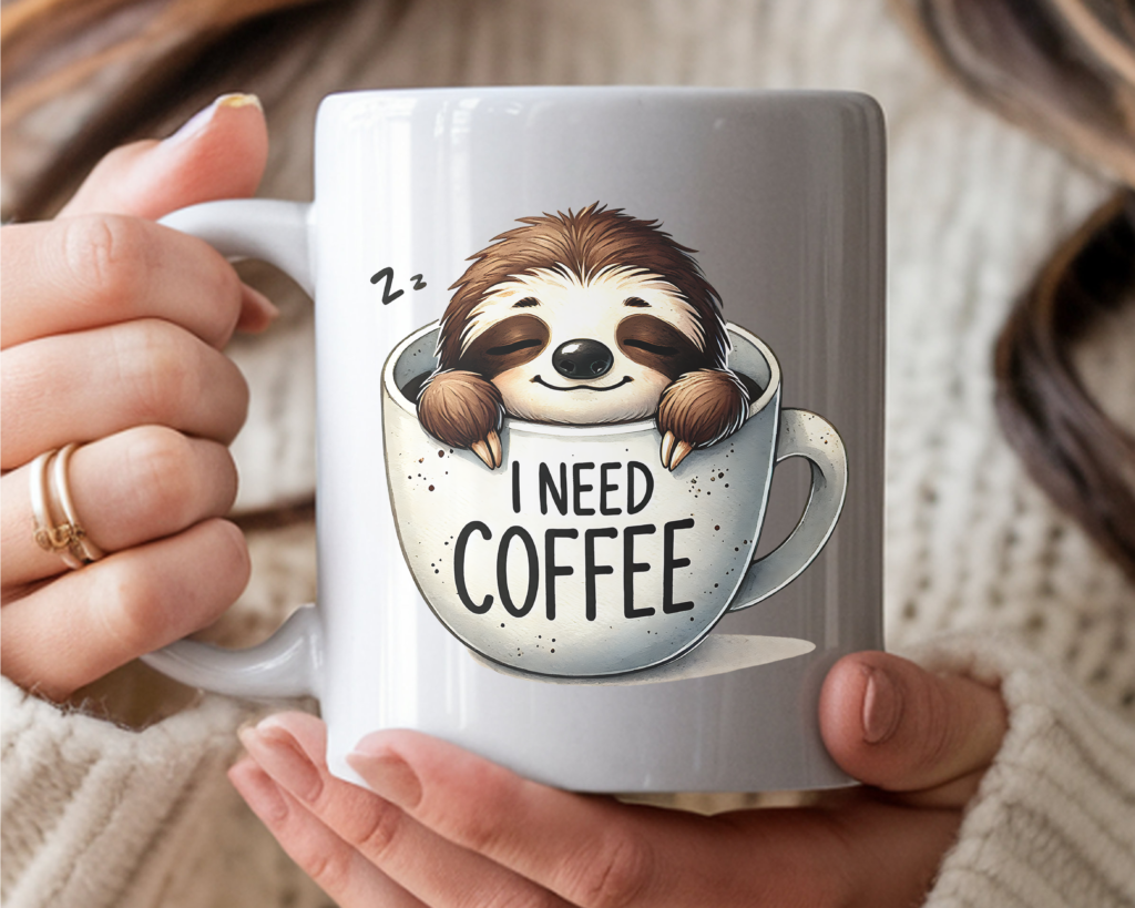 White coffee mug featuring a cute sleepy sloth sitting inside a coffee cup with the text "I Need Coffee," held in two hands against a cozy sweater background