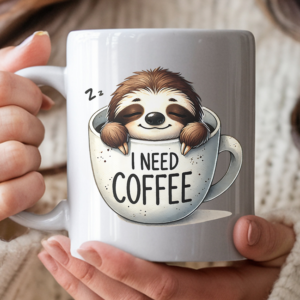 White coffee mug featuring a cute sleepy sloth sitting inside a coffee cup with the text "I Need Coffee," held in two hands against a cozy sweater background