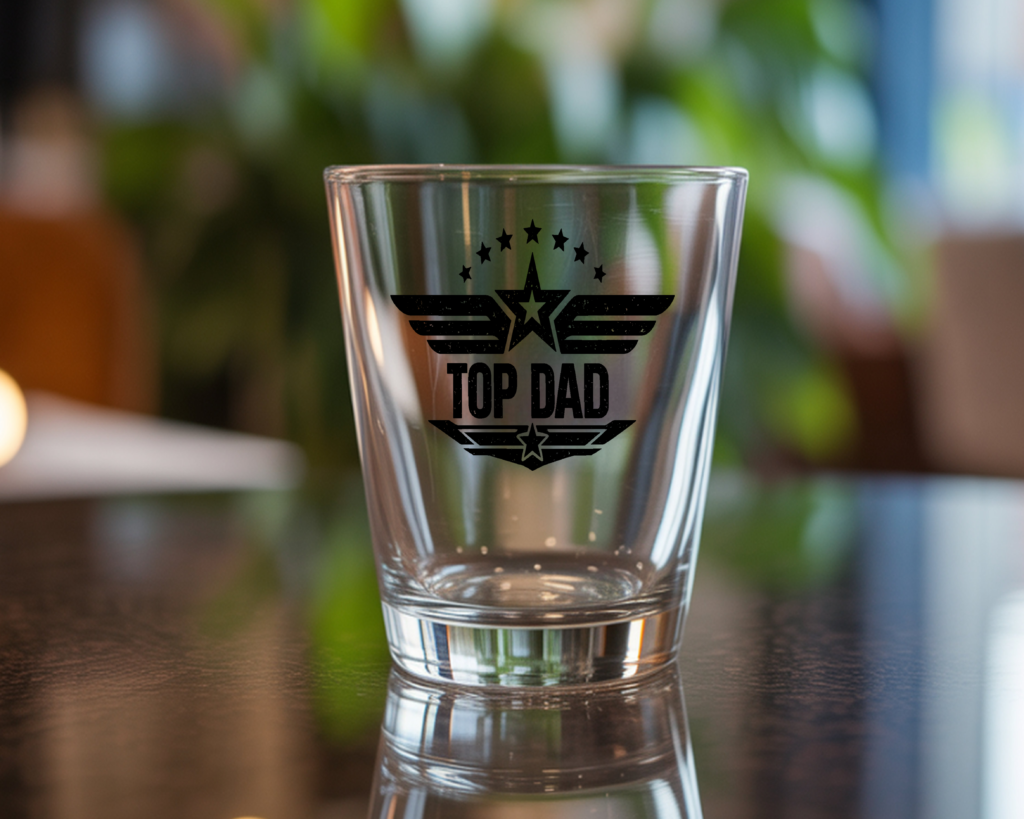 Top Dad shot glass with military star and wings graphic design on a dark reflective table with blurred green background