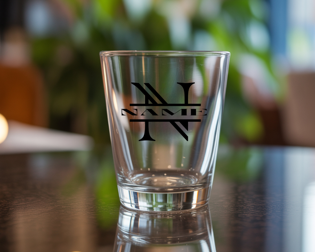 Personalized shot glass with custom monogram letter N and name engraving, sitting on a dark wood table with blurred green background