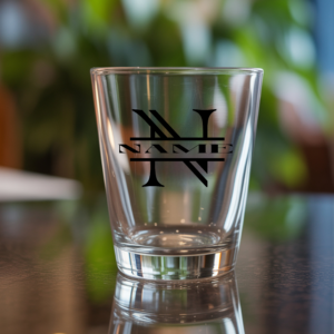 Personalized shot glass with custom monogram letter N and name engraving, sitting on a dark wood table with blurred green background