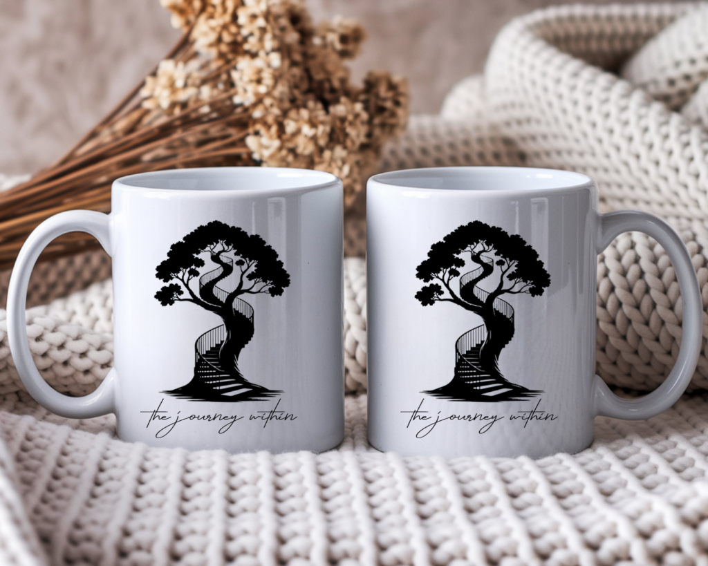 2 White ceramic coffee mugs featuring front and back print of a black silhouette illustration of a large tree with a spiral staircase winding up through its trunk, with the script text "the journey within" below. Clean white background.