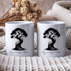 2 White ceramic coffee mugs featuring front and back print of a black silhouette illustration of a large tree with a spiral staircase winding up through its trunk, with the script text "the journey within" below. Clean white background.