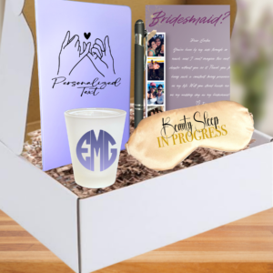 Personalized Bridesmaid and Maid of Honor Proposal Gift Box Set – Custom Shot Glass, Journal, Pen, Sleep Mask & Photo Reel Proposal Card
